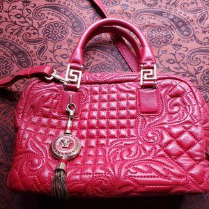 Versace red quilted tote with removable cross body strap
